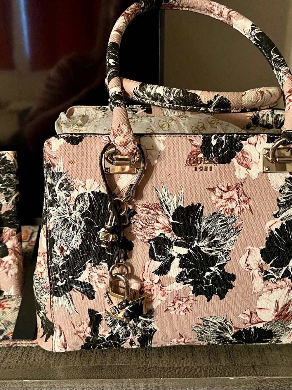 GUESS Pink Floral Top-Handle Satchel with Black Accents